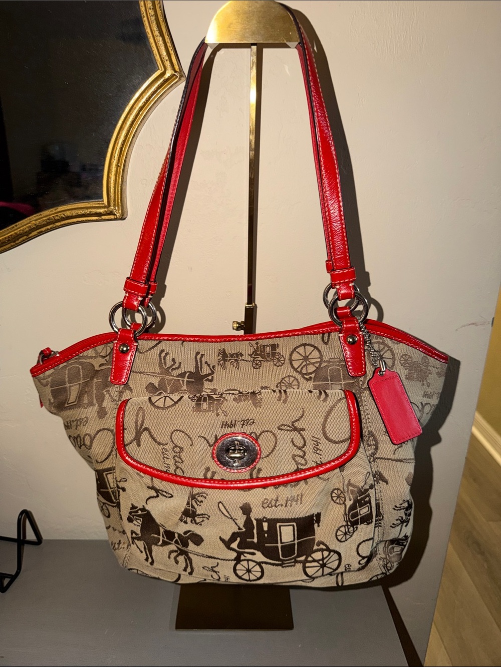 Coach Beige Signature Canvas Shoulder Bag with Red Trim